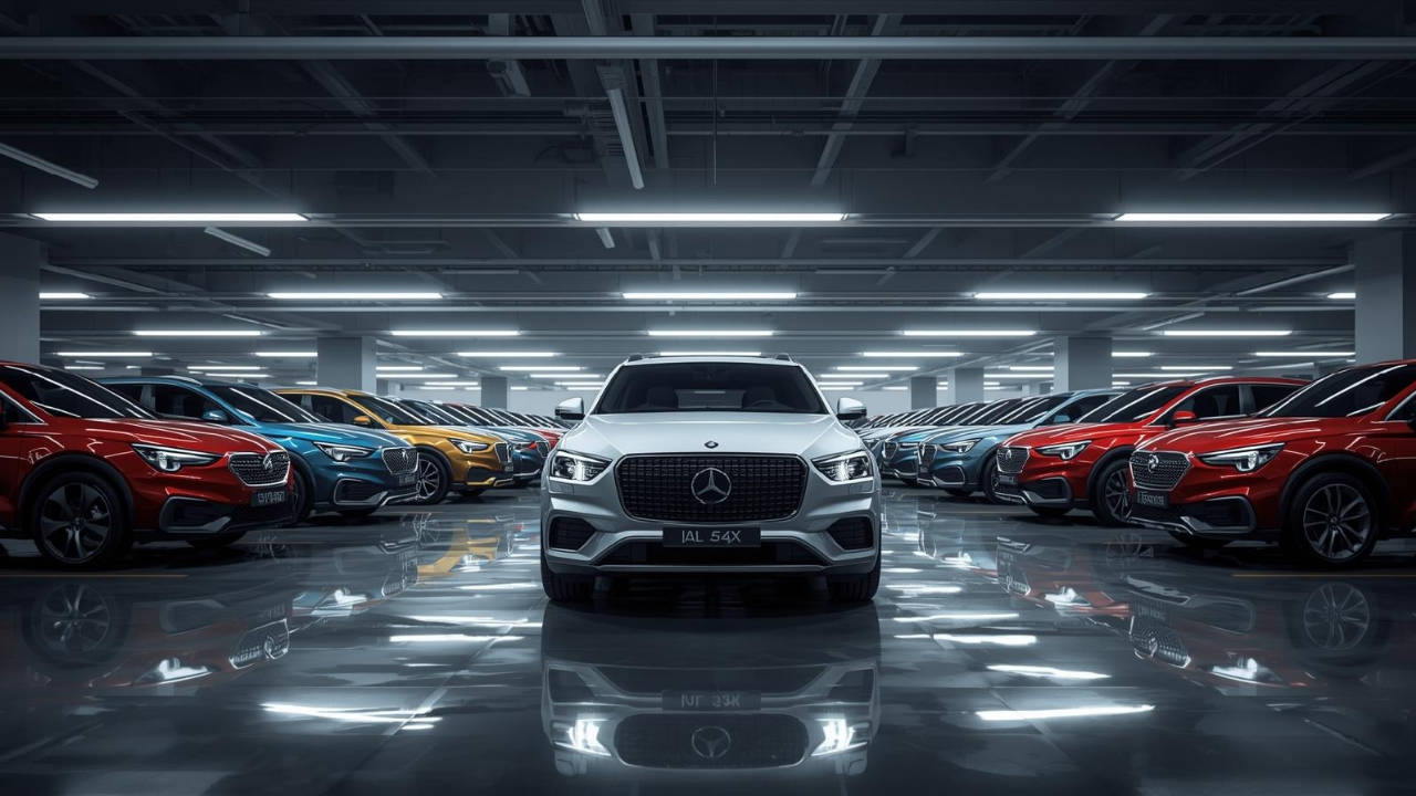 주차장에 정렬된 차량 이미지