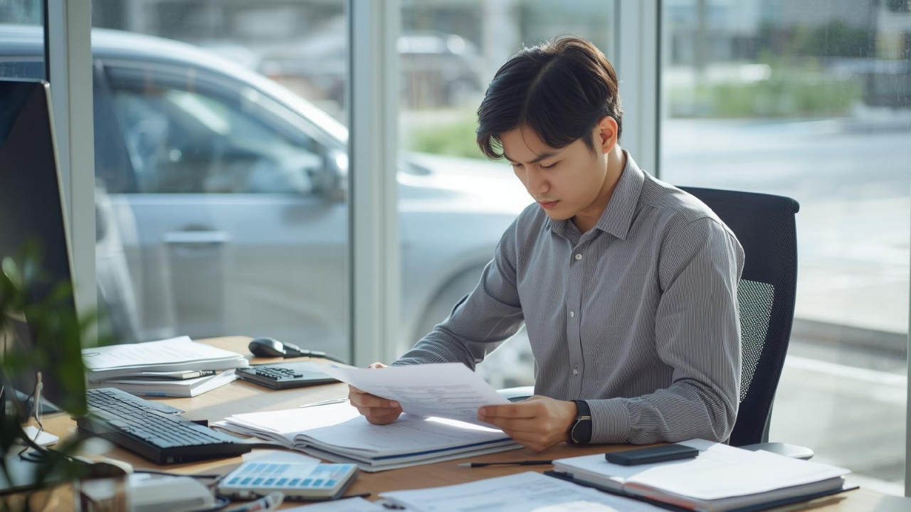 사업자가 사무실에서 업무용 승용차 관련 서류를 정리하며 비용 처리를 검토하는 장면