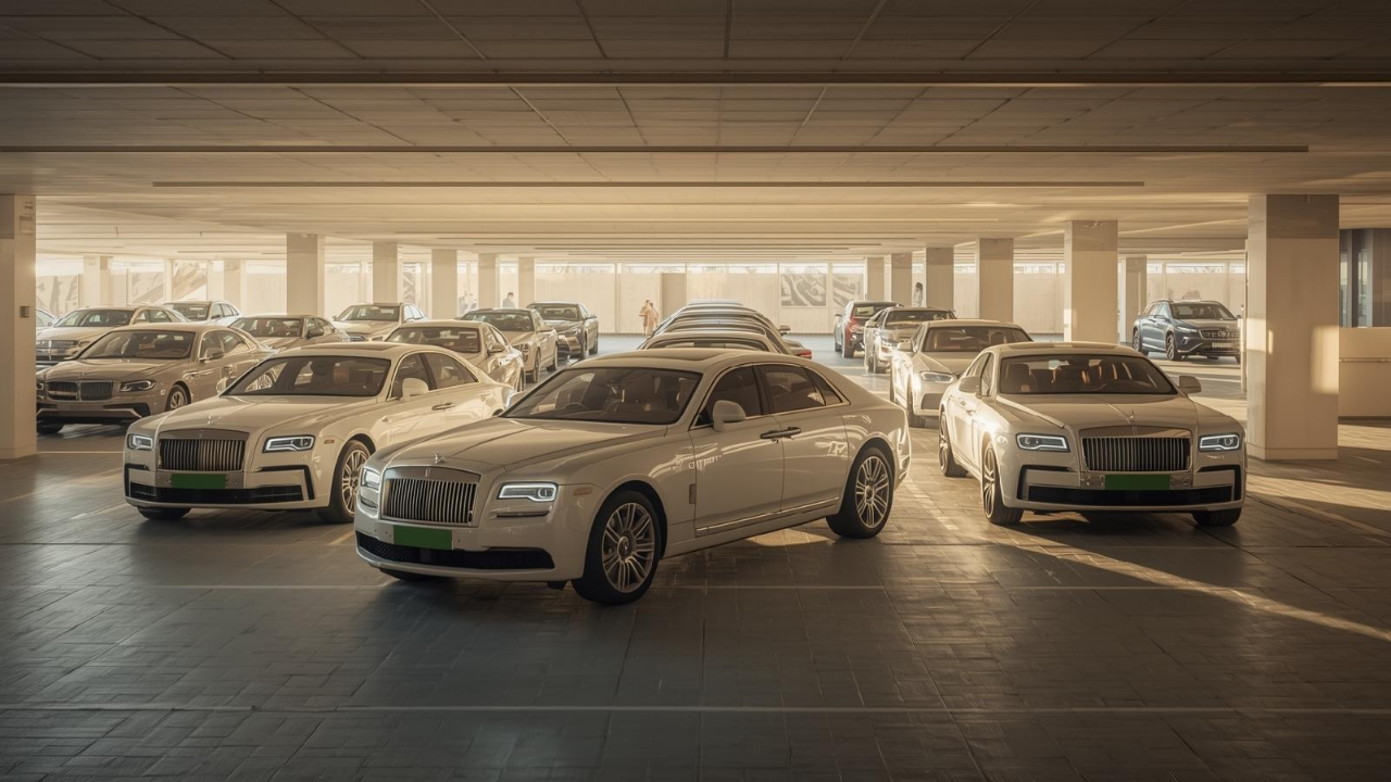 연두색 번호판 부착 기준을 설명하는 콘텐츠에 어울리는 밝은 주차장에 주차된 고급 승용차 이미지